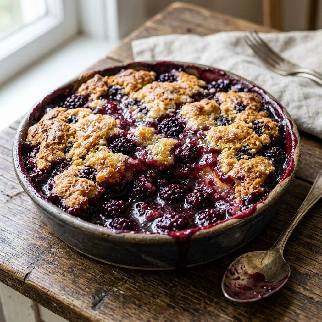 Delicious homemade Blackberry Cobbler with fresh blackberries.