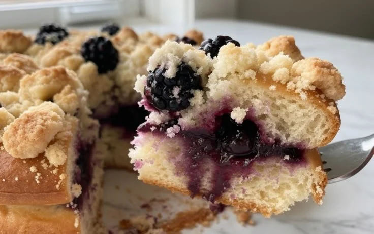 Homemade blackberry cream donuts on a plate with fresh blackberries