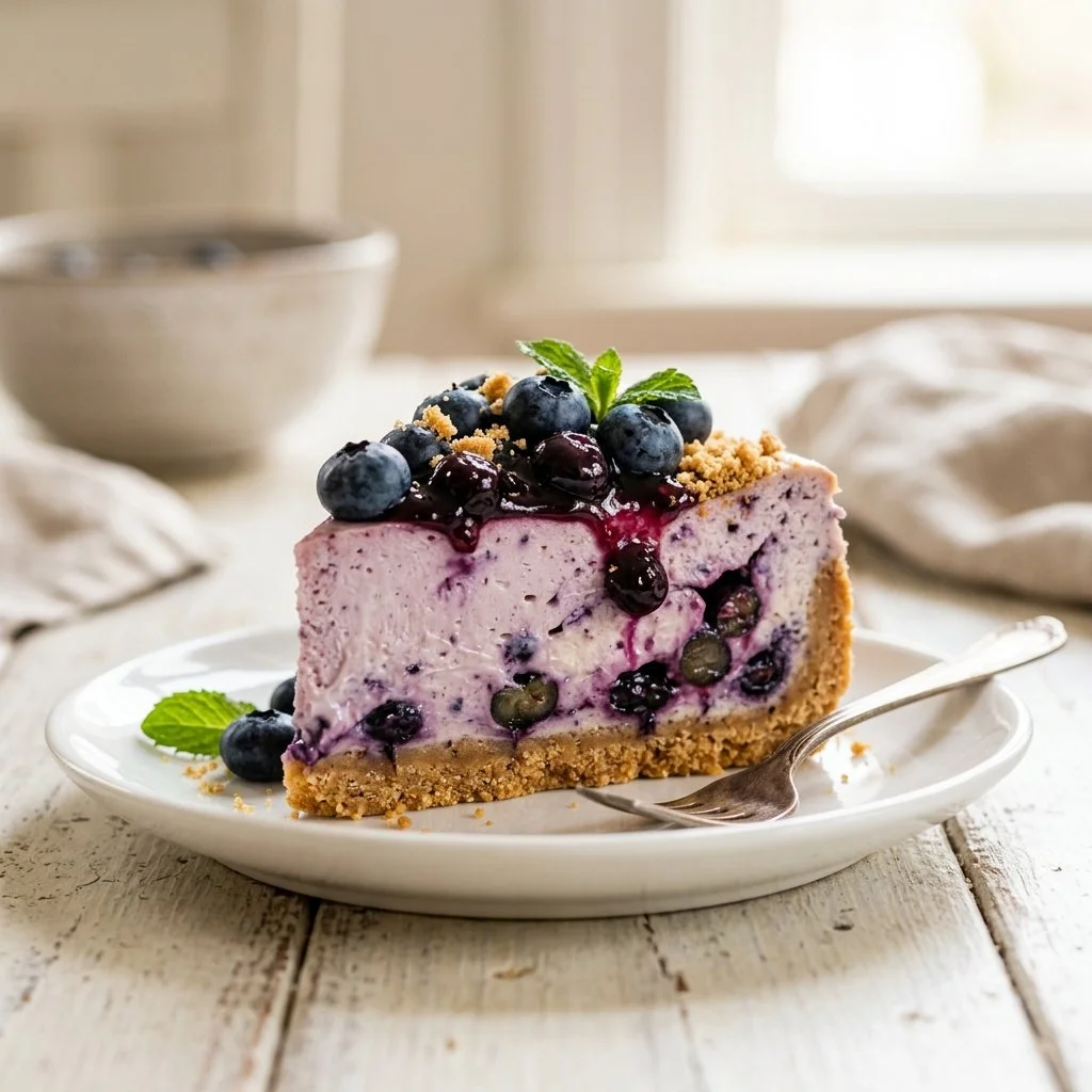 Delicious homemade blueberry cheesecake with a graham cracker crust