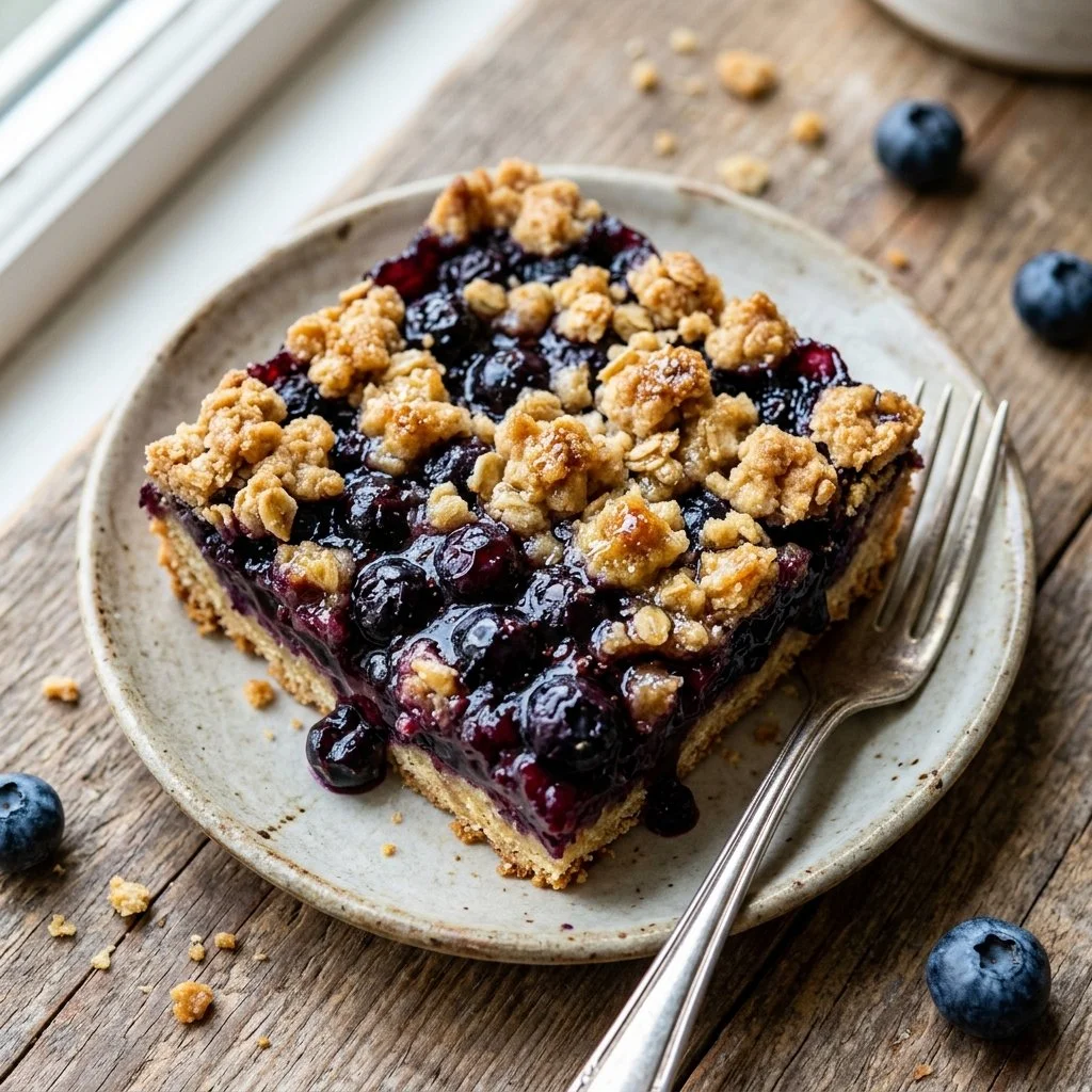 Homemade blueberry crumb bars with a buttery crust and sweet blueberry filling