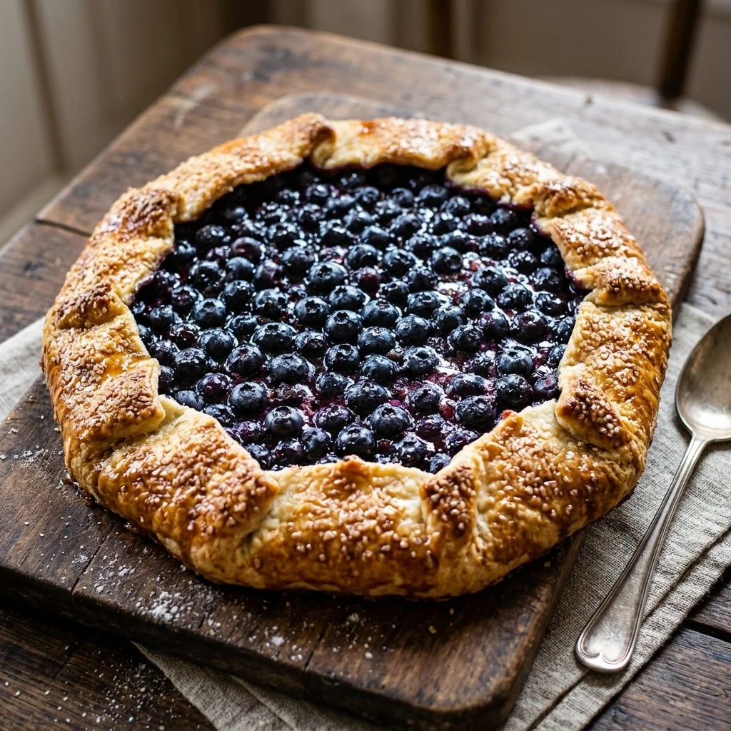 Homemade blueberry galette with fresh blueberries and a golden flaky crust