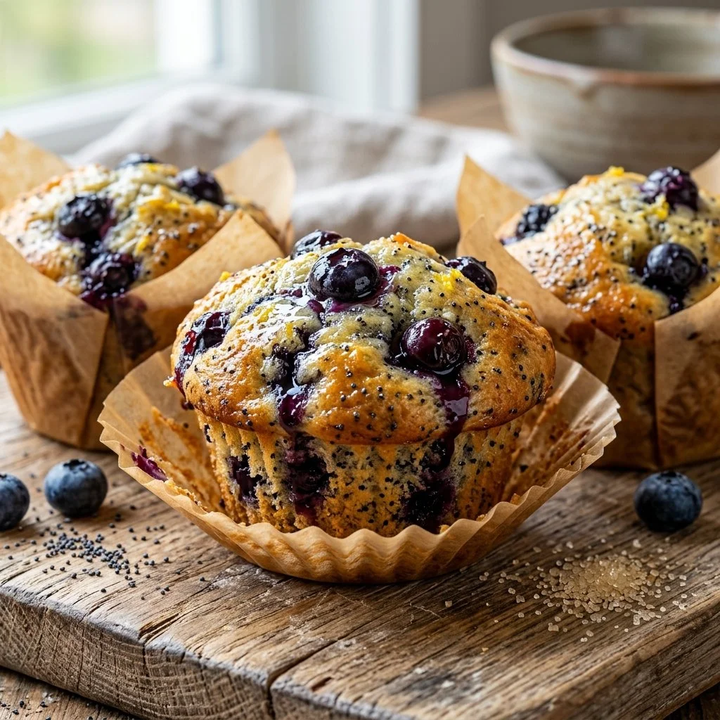 Blueberry lemon poppy seed muffins on a wooden table