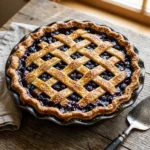 Freshly baked blueberry pie with a golden crust and whole blueberries