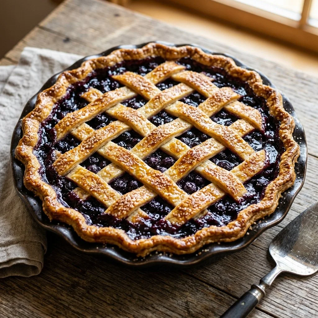 Freshly baked blueberry pie with a golden crust and whole blueberries