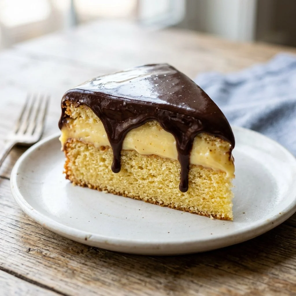 Delicious slice of Boston Cream Pie with custard and chocolate glaze