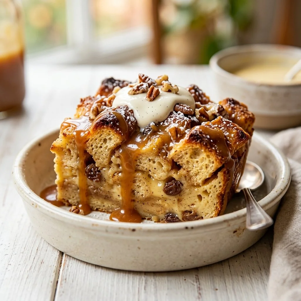 Delicious homemade bread pudding served in a dish, garnished with caramel sauce.