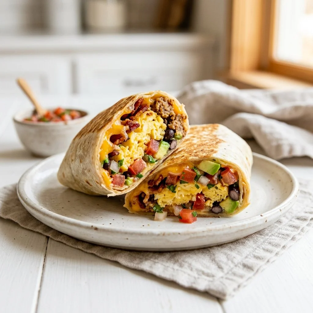 A colorful breakfast burrito filled with eggs, vegetables, and cheese.
