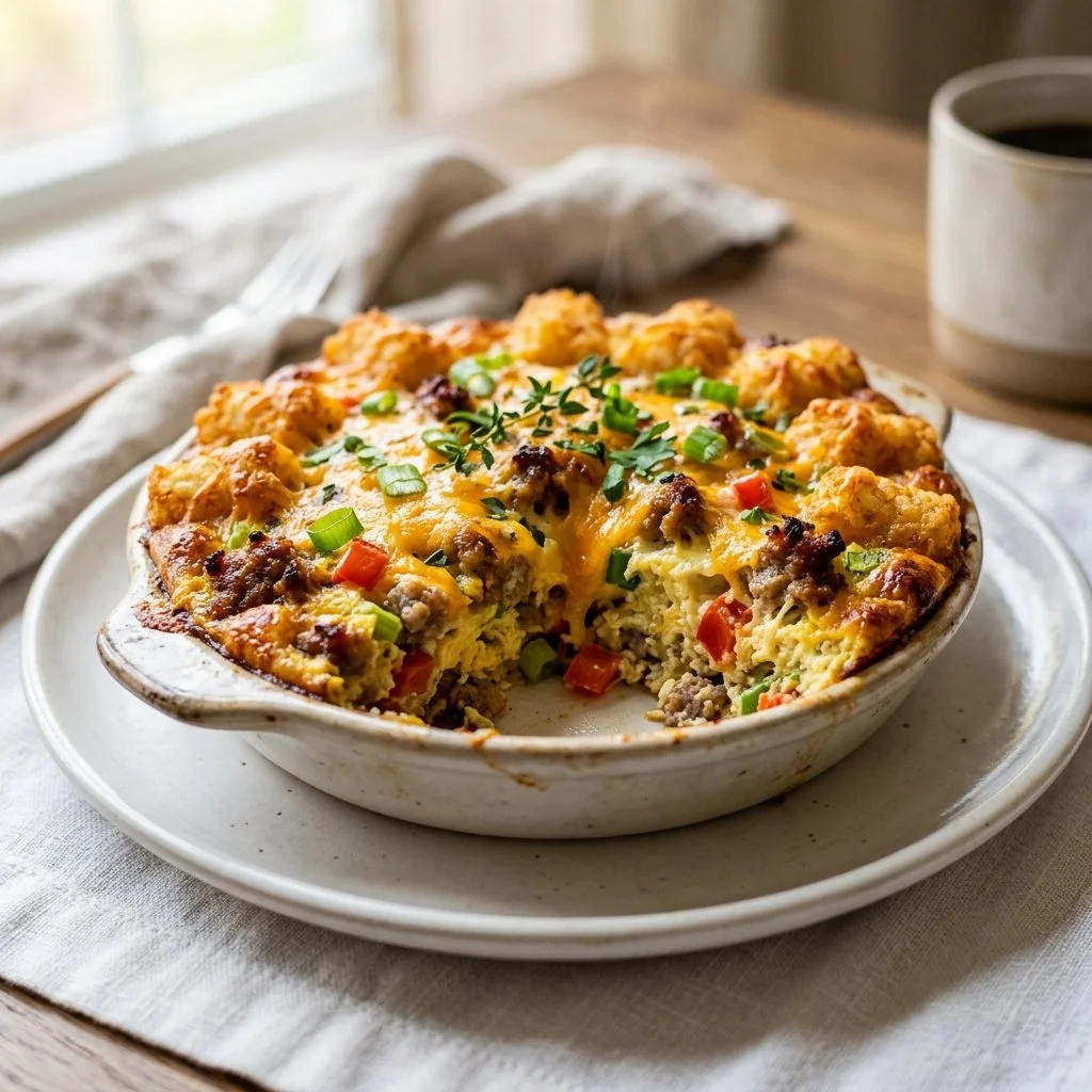 Delicious homemade breakfast casserole recipe with eggs, cheese, and veggies
