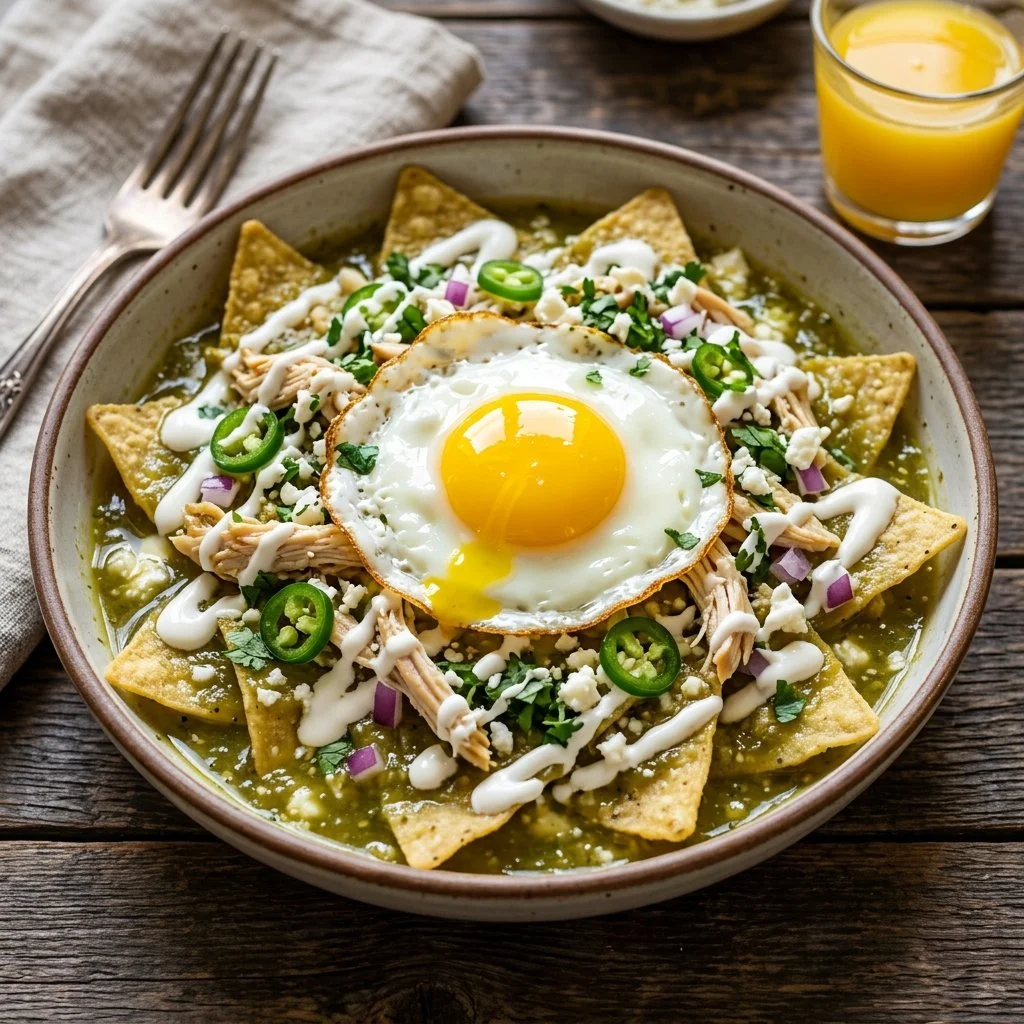 Delicious breakfast Chilaquiles Verdes topped with fresh cilantro and avocado