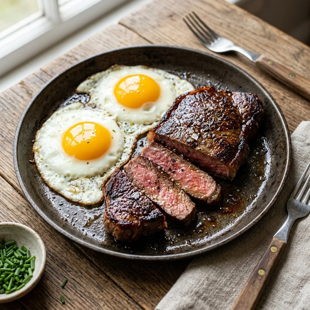 A plate of breakfast steak and eggs garnished with fresh herbs.