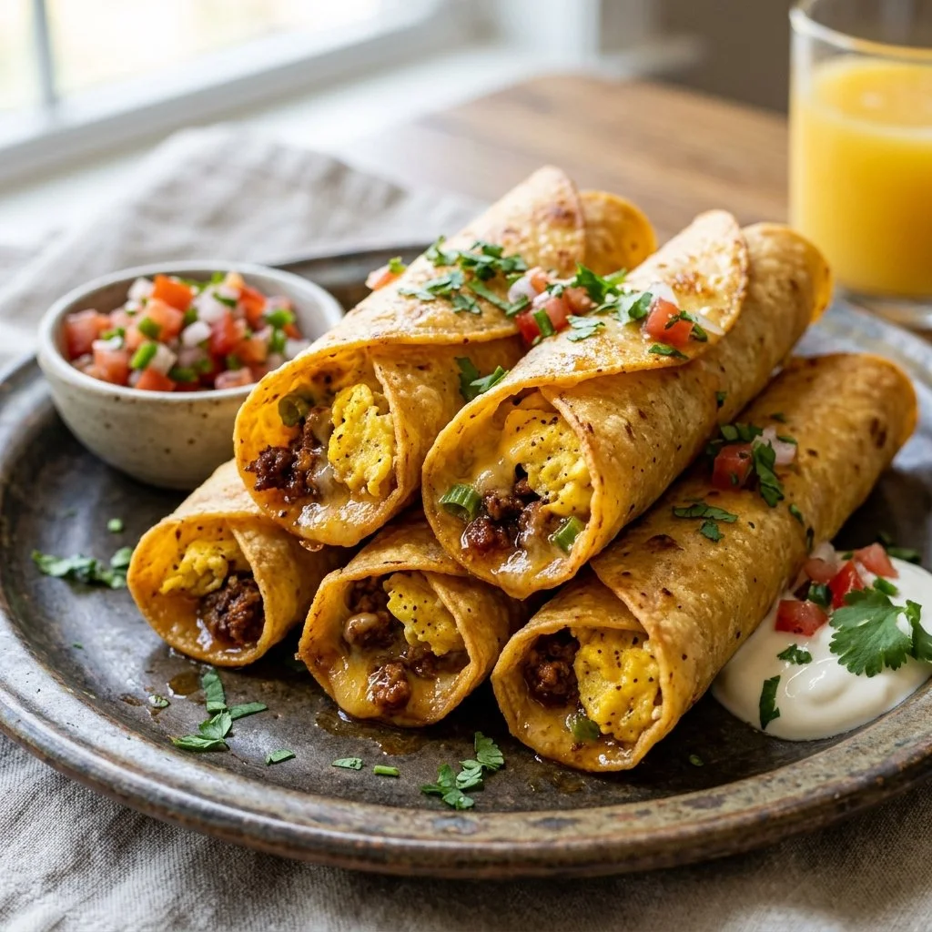 Delicious homemade Breakfast Taquitos with eggs and cheese on a plate