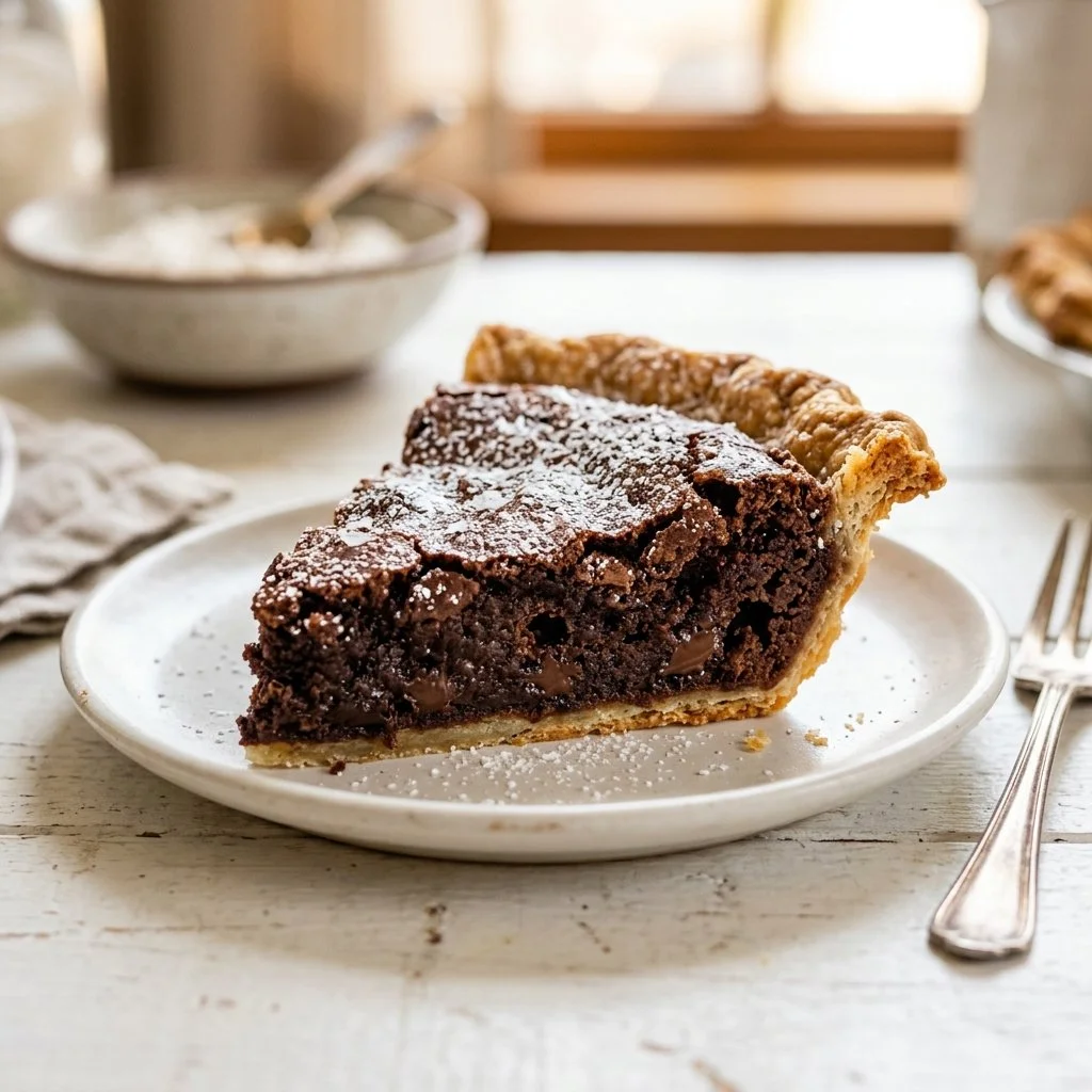 Delicious homemade brownie pie on a plate, topped with chocolate drizzle and nuts.