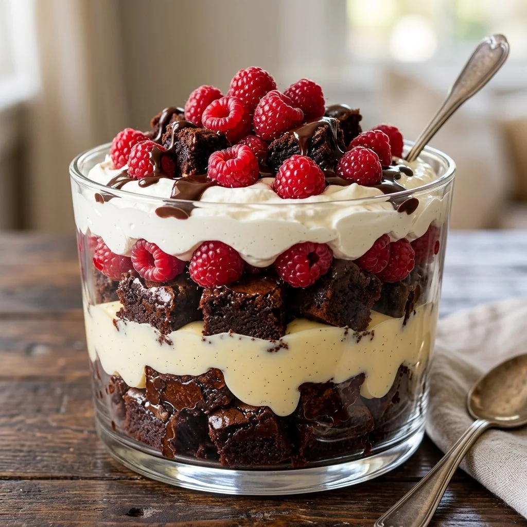 Delicious layered Brownie Trifle with brownies, cream, and chocolate