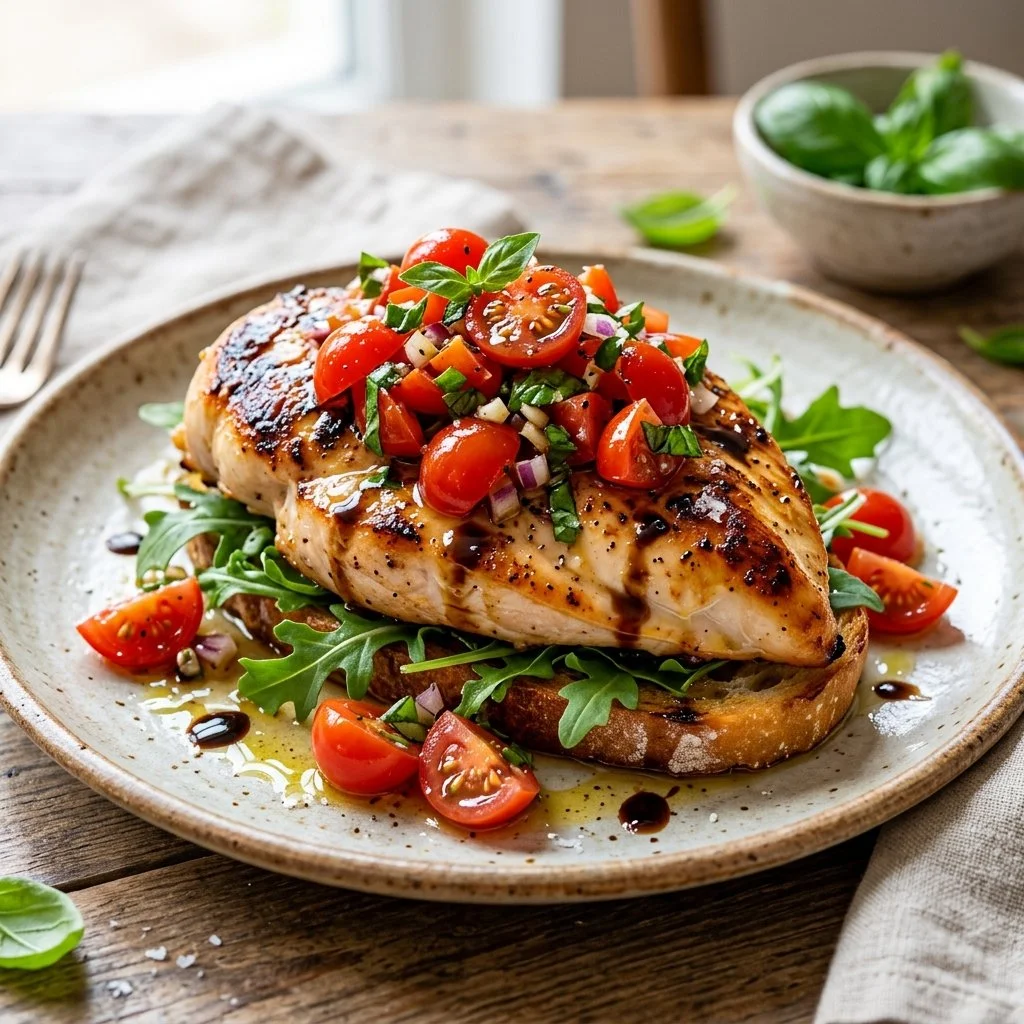 Plate of Bruschetta Chicken topped with fresh basil and tomatoes