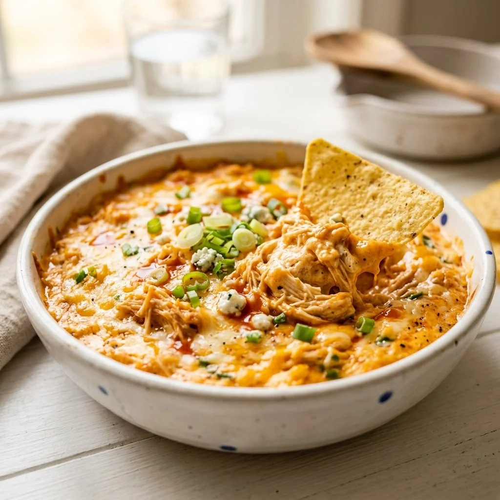 Delicious buffalo chicken dip recipe served with tortilla chips