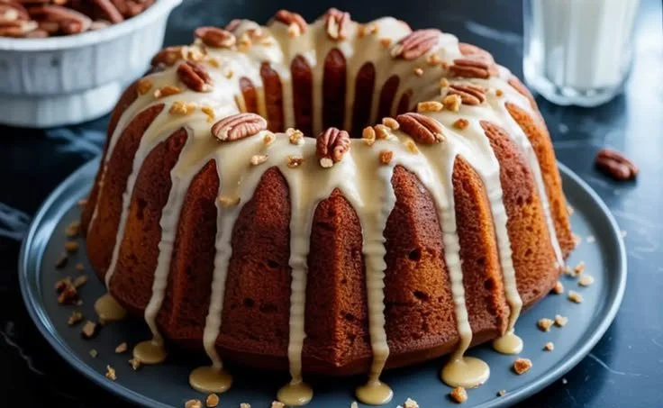 Delicious bundt cake topped with maple and brown sugar glaze