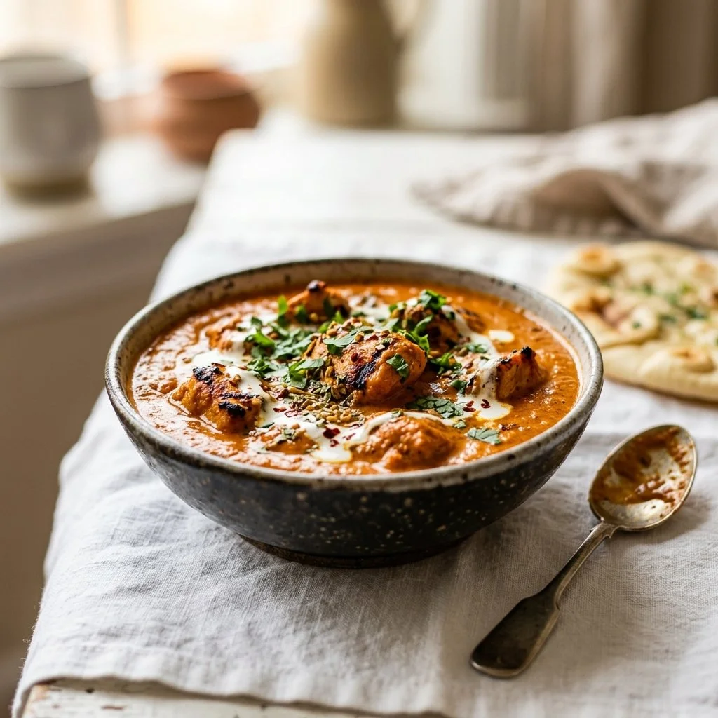 Delicious homemade butter chicken served with rice