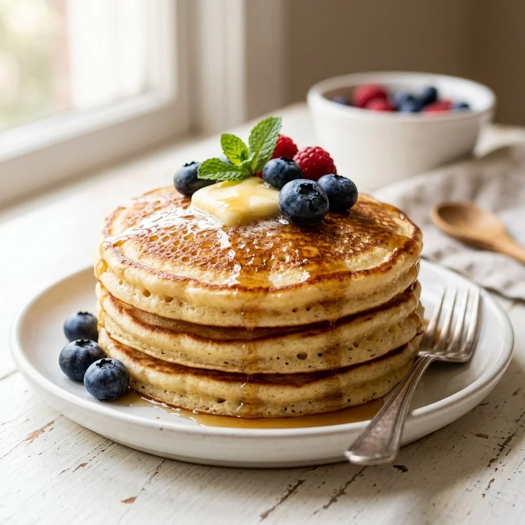 Delicious stack of fluffy buttermilk pancakes with syrup and berries