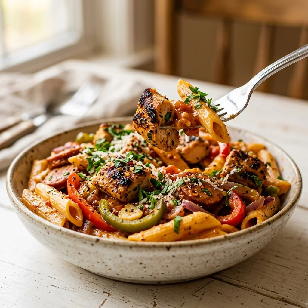 Delicious cajun chicken pasta served with fresh herbs and spices