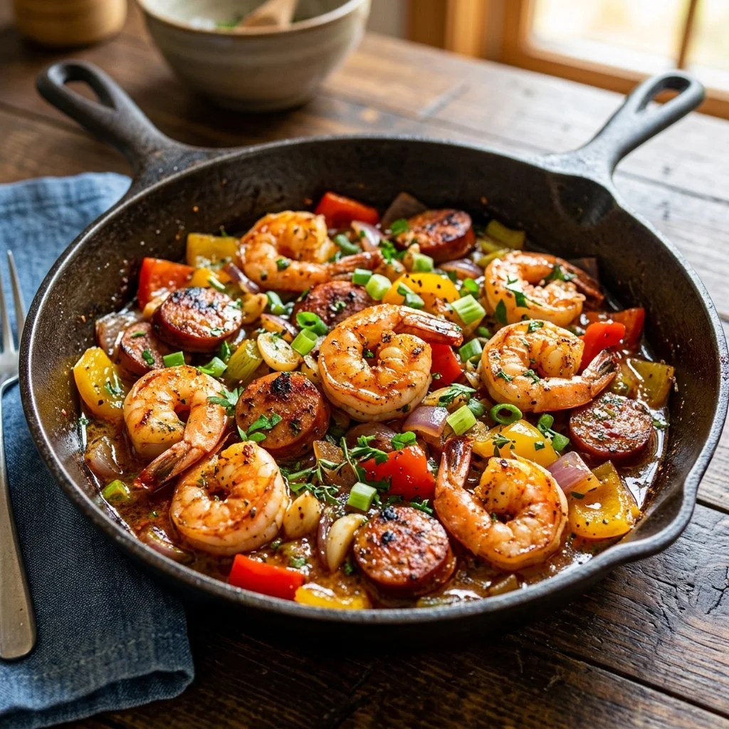 Cajun shrimp and sausage skillet dish garnished with herbs