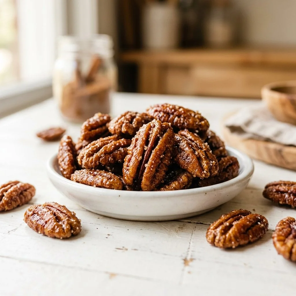 Bowl of homemade candied pecans with a sprinkle of sugar