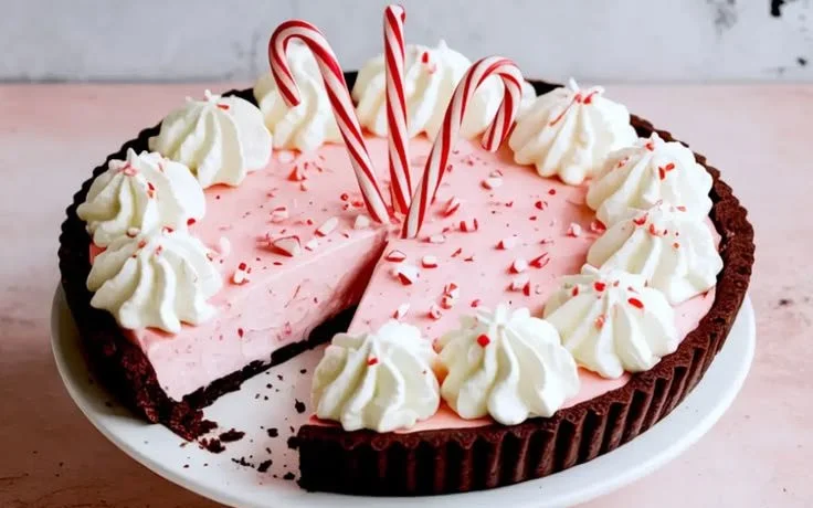 Delicious candy cane pie decorated with whipped cream and candy cane pieces