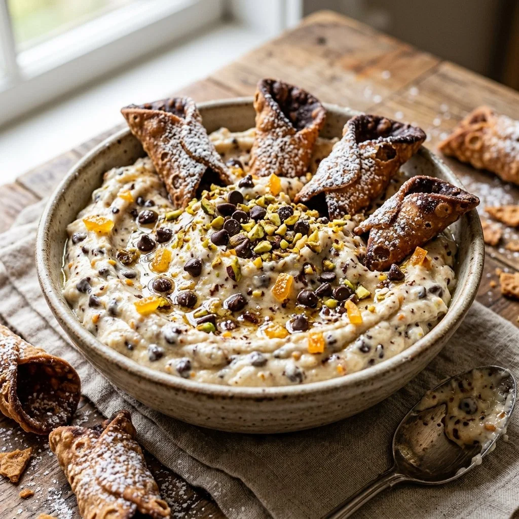 Delicious cannoli dip served in a bowl with chocolate chips and graham crackers.