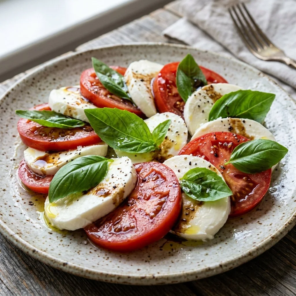 Fresh Caprese Salad with tomatoes, mozzarella, and basil on a plate.