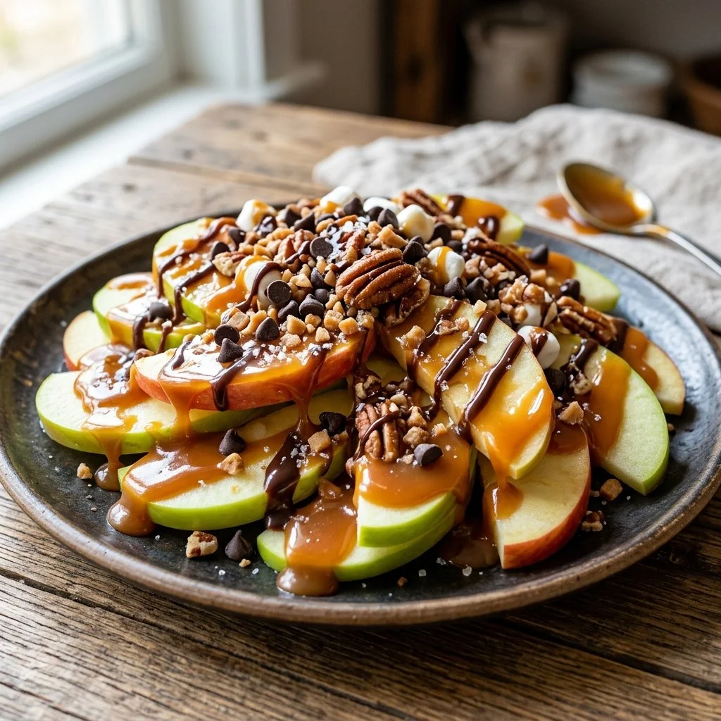 Delicious Caramel Apple Nachos with fresh apple slices and caramel drizzle