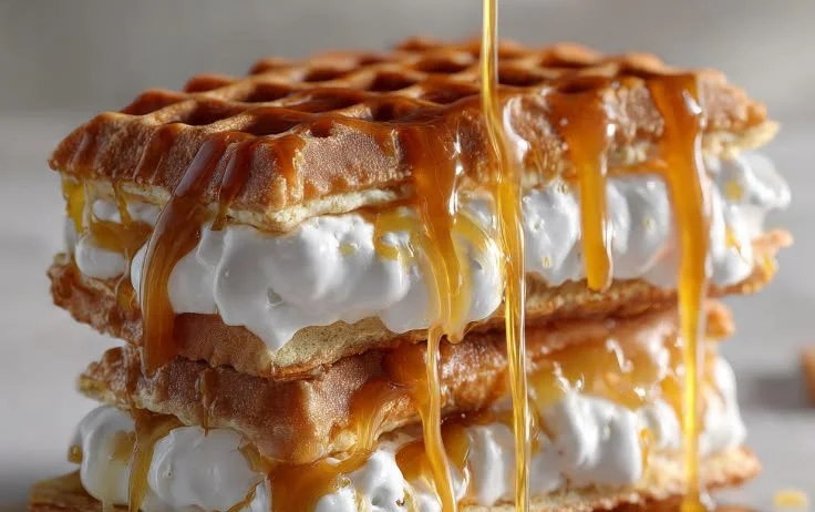 Delicious caramel-covered crispy waffles topped with melted caramel drizzle