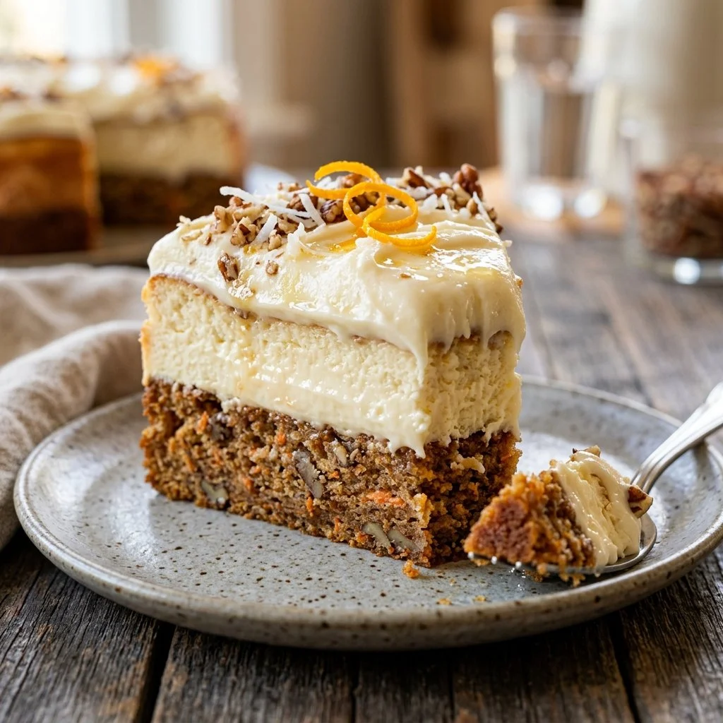 Delicious slice of carrot cake cheesecake topped with cream cheese frosting