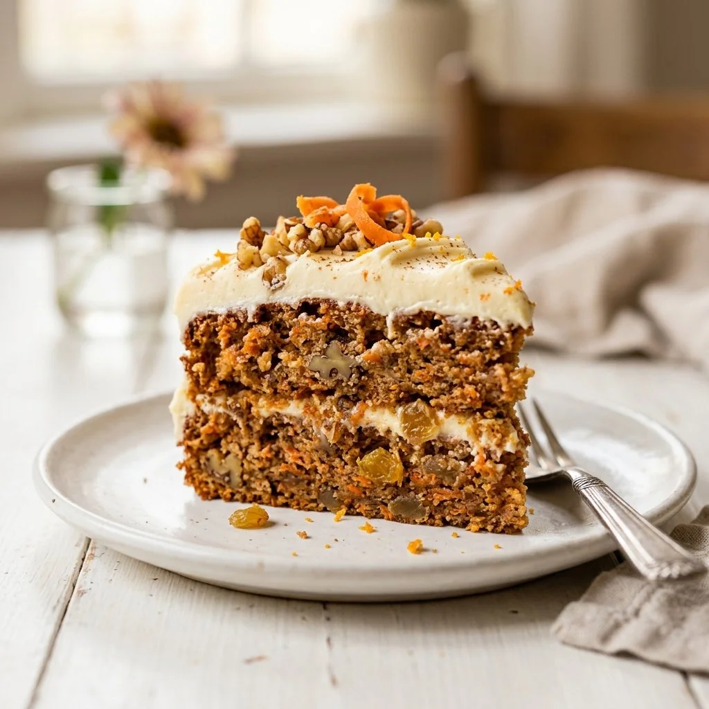 Delicious homemade carrot cake with cream cheese frosting on a wooden table