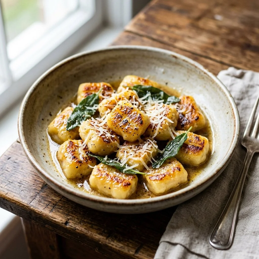 Plate of homemade cauliflower gnocchi served with sauce and herbs