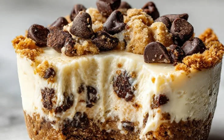 Delicious cheesecake cups topped with cookie dough for a delightful dessert.