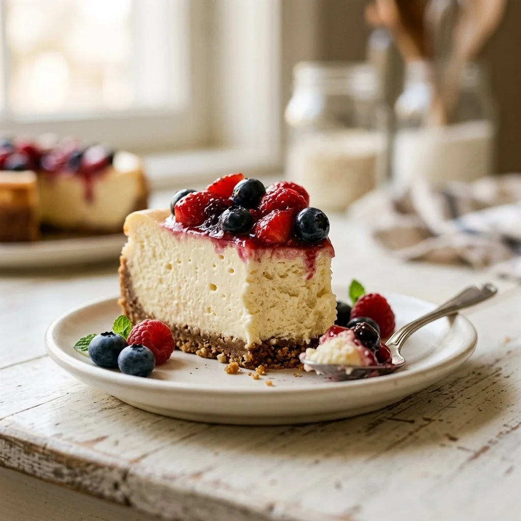 Homemade cheesecake slice topped with fresh berries and mint leaves