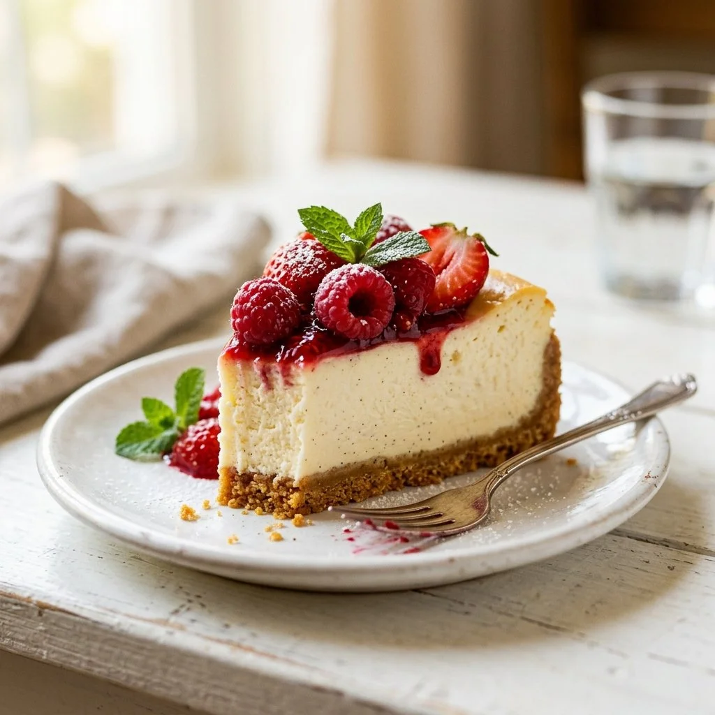 Delicious homemade cheesecake topped with fresh berries on a wooden table