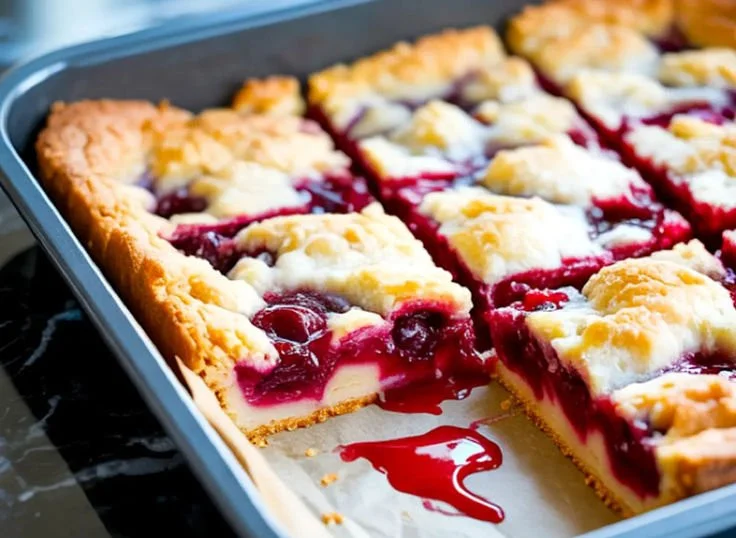 Freshly baked cherry bars with a golden crust and vibrant cherry filling