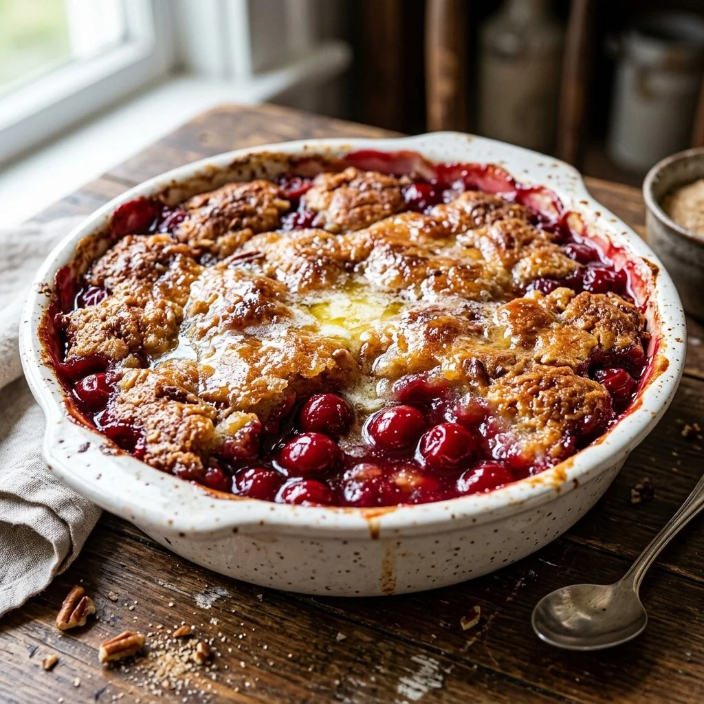 Delicious homemade Cherry Dump Cake with cherry filling and cake mix topping