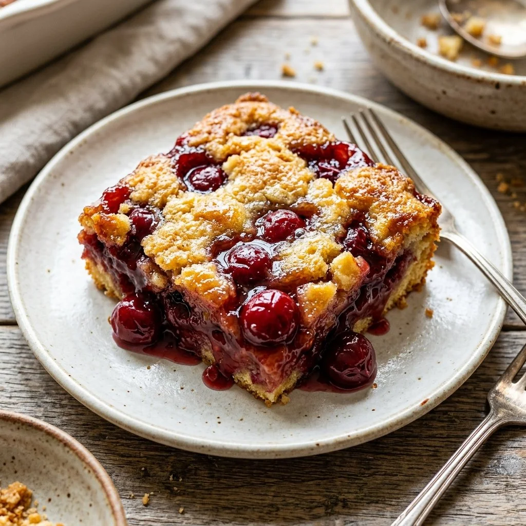 Delicious cherry dump cake dessert with a golden crust and cherry filling.