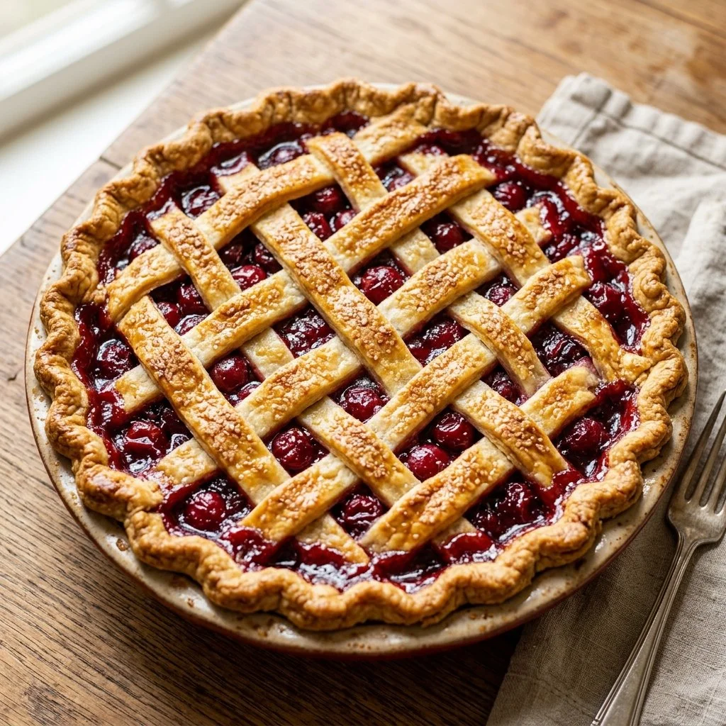 Delicious homemade cherry pie with a golden crust and fresh cherries