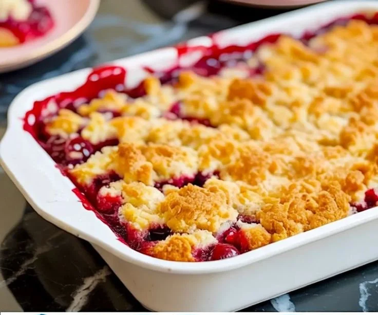 Delicious Cherry Pie Dump Cake served on a plate with cherries