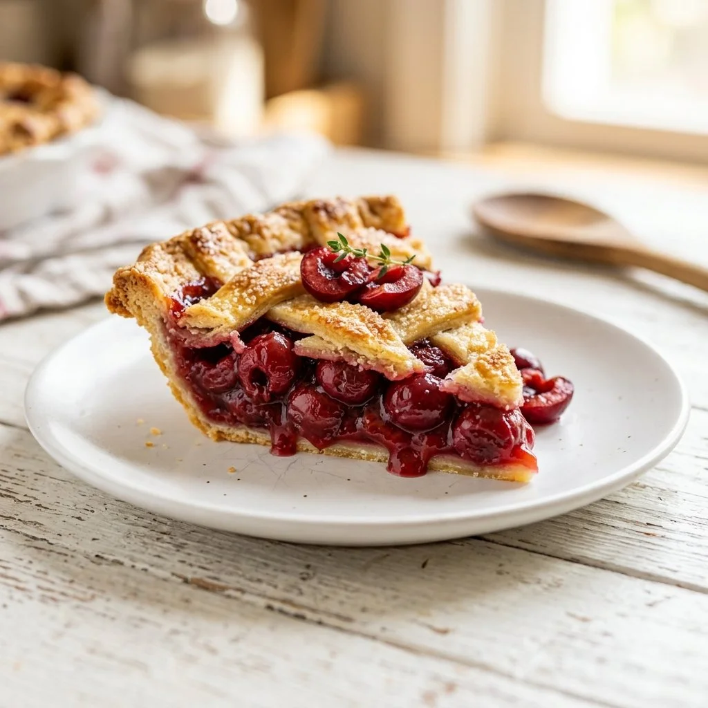 Freshly baked cherry pie with a golden crust and ripe cherries