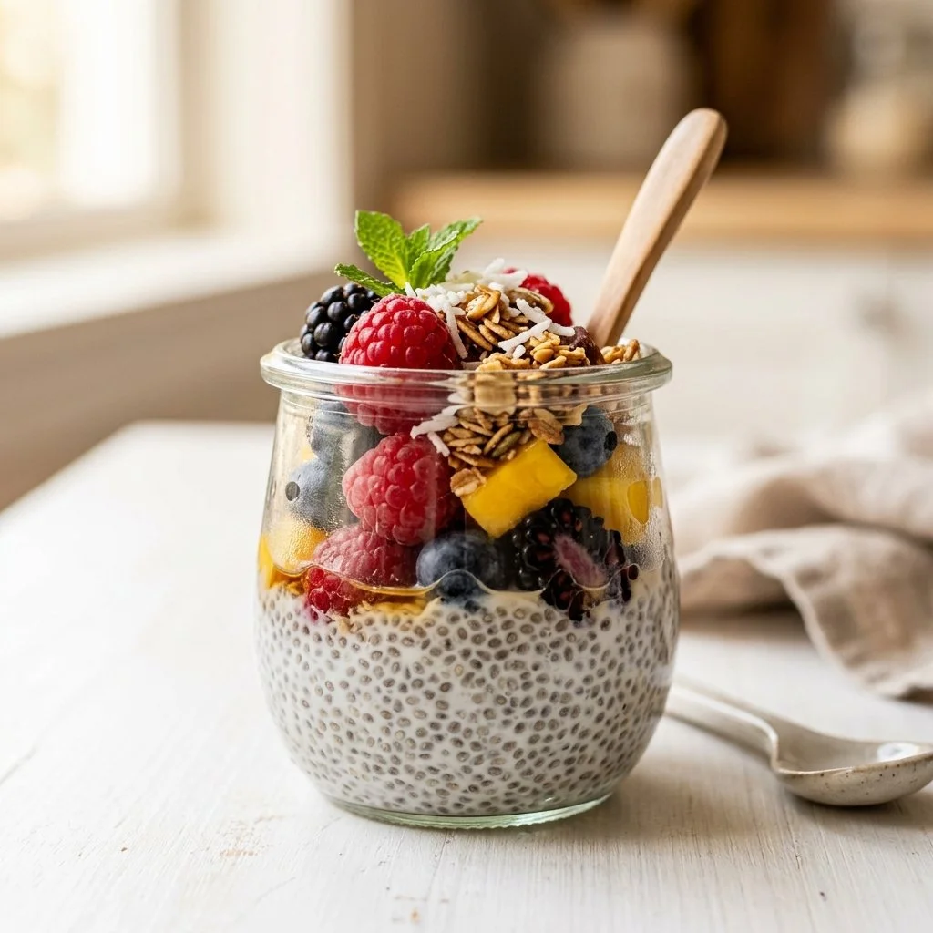 Delicious chia pudding served in a glass with fresh berries and nuts on top