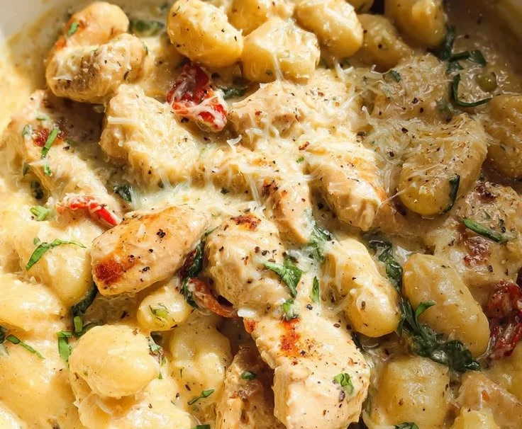 Delicious Chicken Alfredo Gnocchi served with herbs and parmesan cheese.