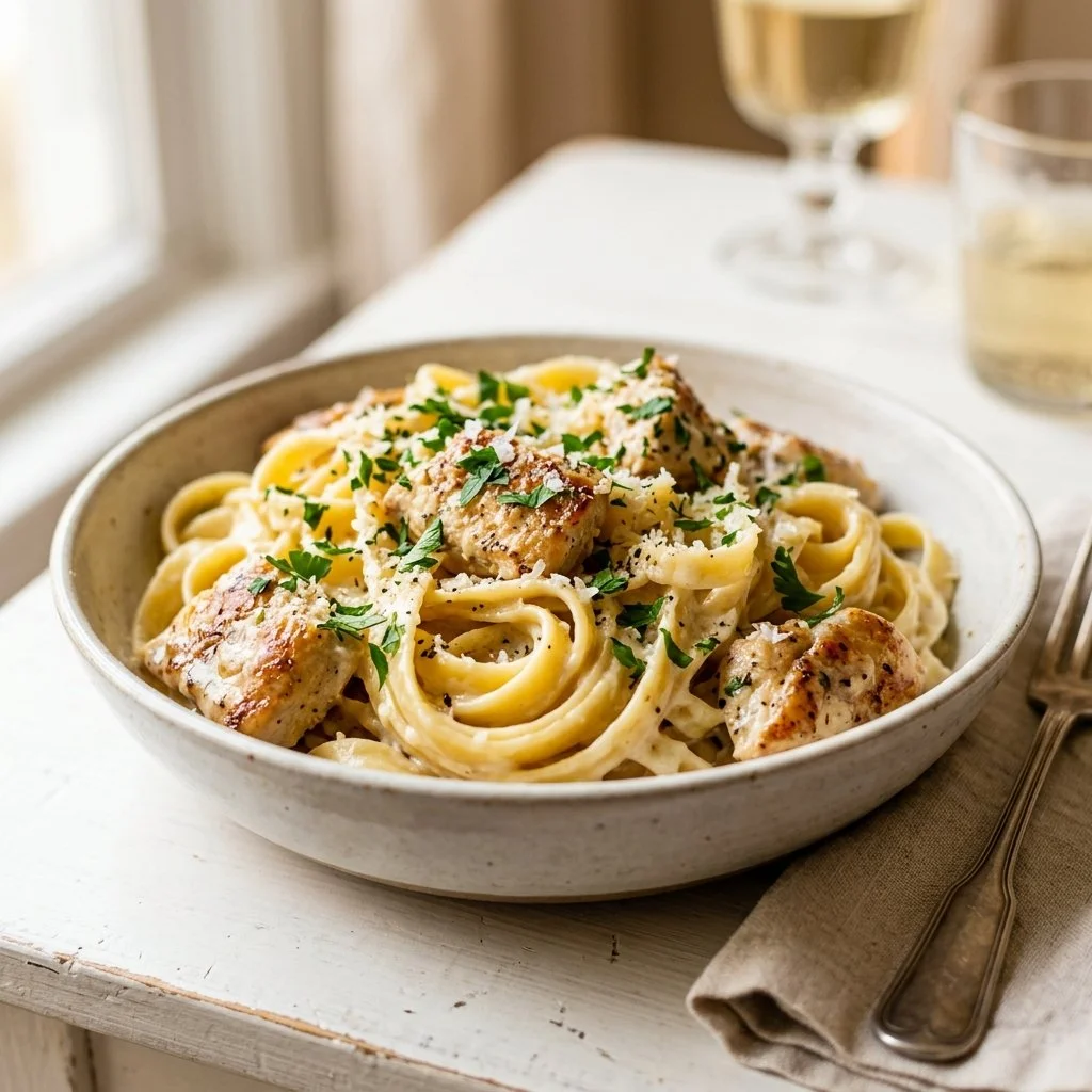 Creamy chicken Alfredo pasta recipe with grilled chicken and parmesan cheese