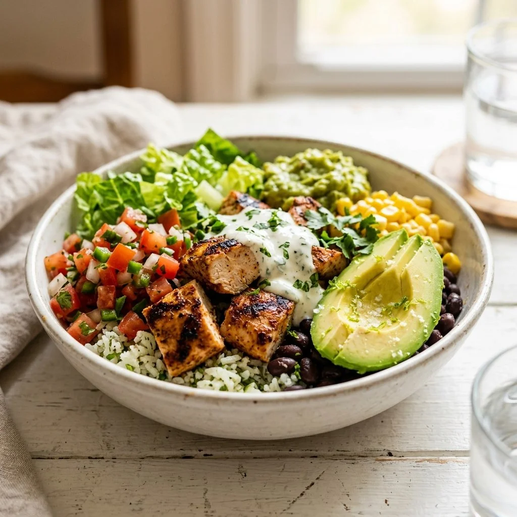 Delicious chicken burrito bowl recipe with fresh ingredients and vibrant colors.
