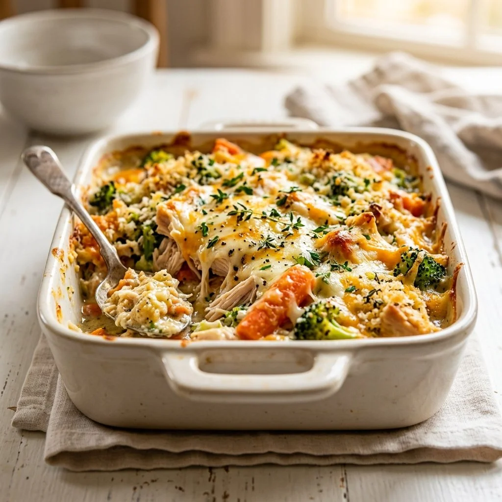Delicious homemade chicken casserole recipe with colorful vegetables.