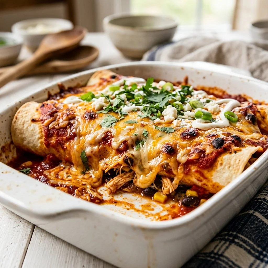 Delicious chicken enchiladas topped with cheese and garnished with cilantro.
