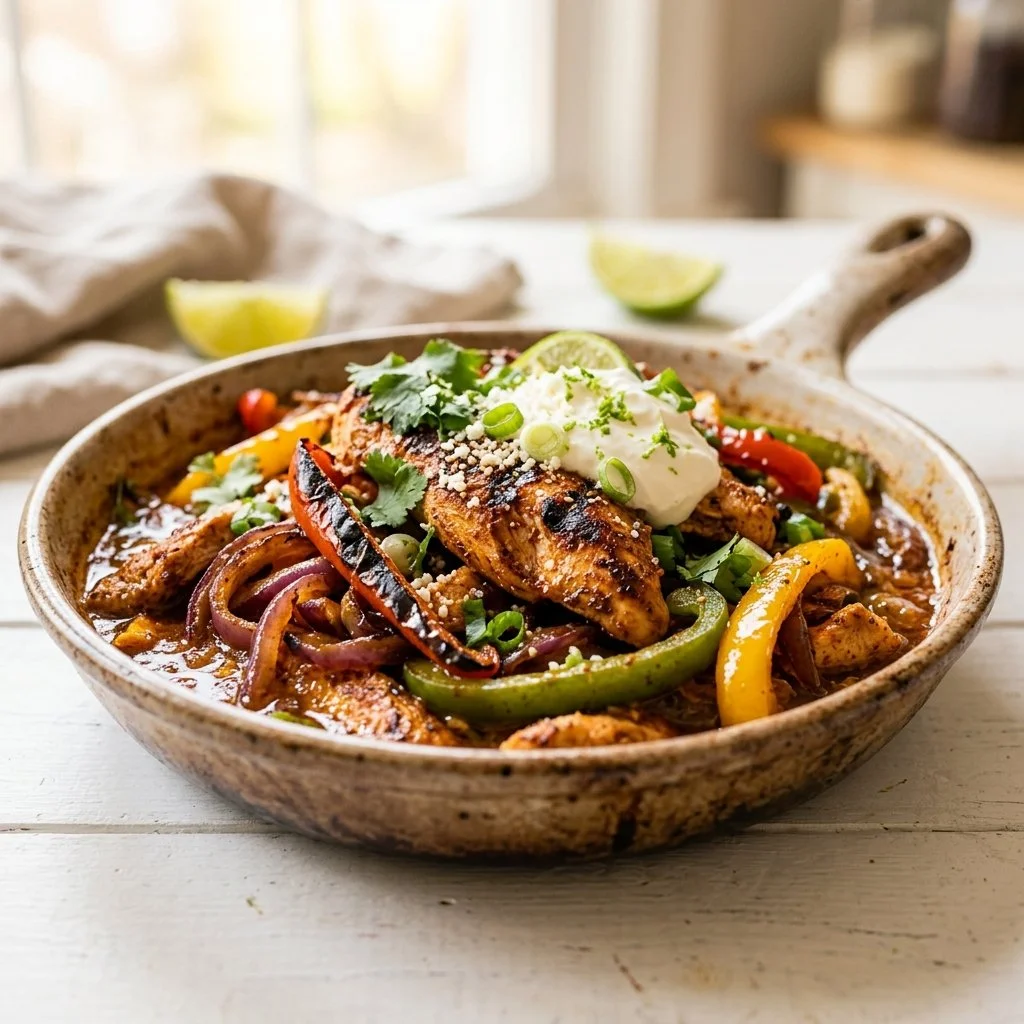 Delicious homemade chicken fajitas on a plate with peppers and onions