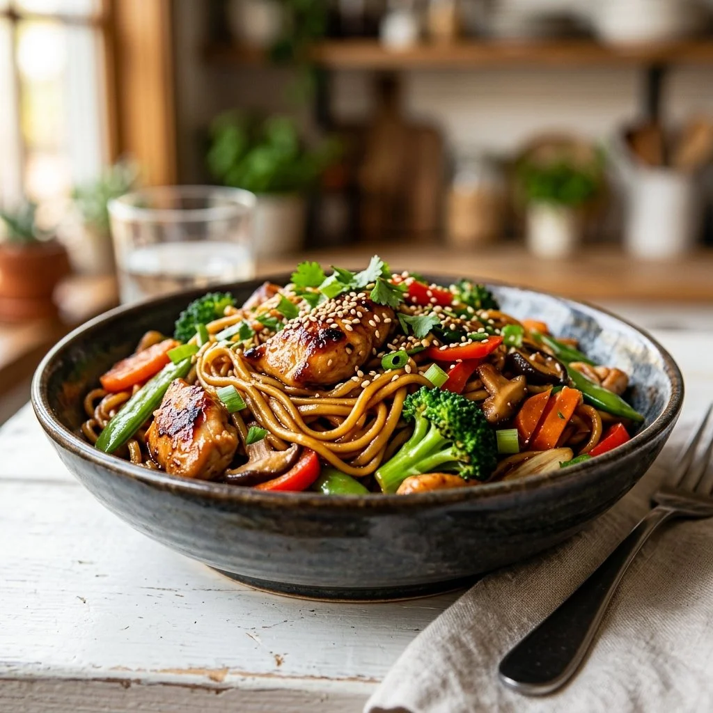 Delicious chicken lo mein dish served with colorful vegetables and noodles.